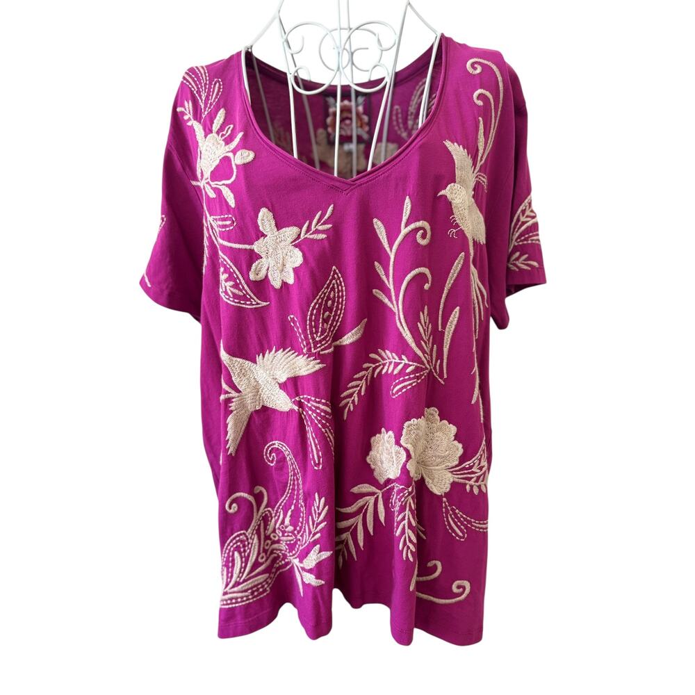 NWT Johnny Was Frankie Tee Pink Floral Embroidered Size XL